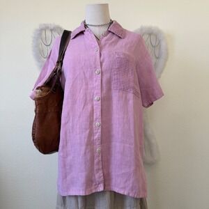 Oversized Indie Grunge Button Up Shirt Gingham Short Sleeve Pink 90s Cottagecore